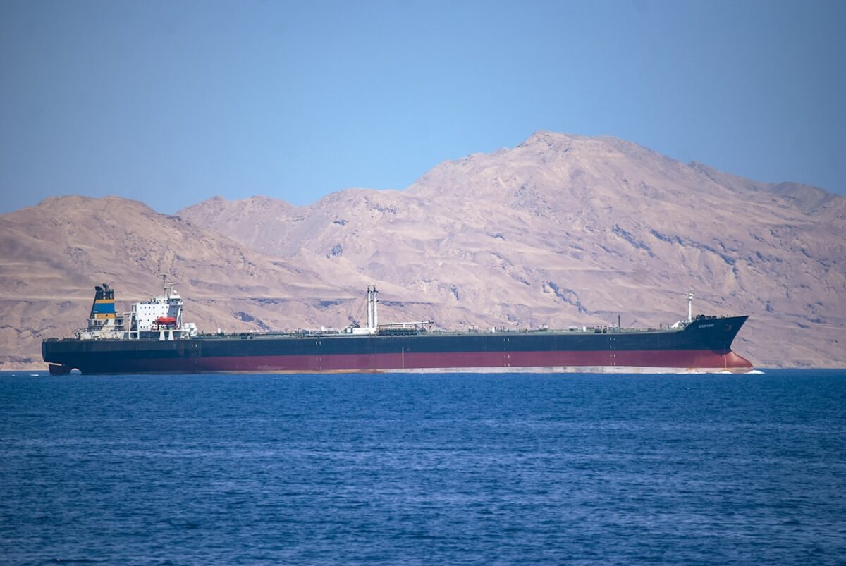 The oil tanker "Hero Star" passing through the Straits of Tiran near Sharm el Sheikh, Egypt