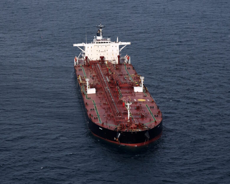 An aerial view shows the oil tanker named Boracay (also called Pushpa), a vessel being investigated by French authorities and suspected of belonging to the so-called "shadow fleet" involved in the Russian oil trade, off the coast of the western France port of Saint-Nazaire, France, October 2, 2025. REUTERS/Stephane Mahe