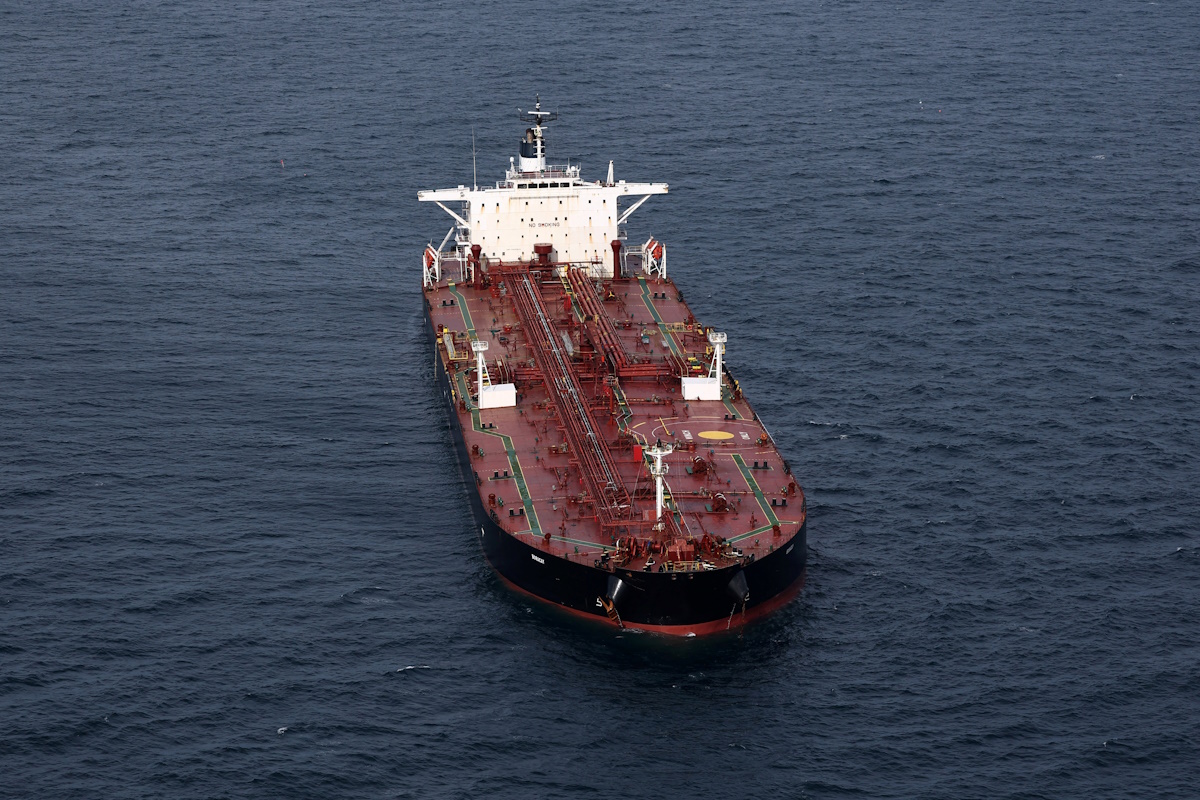 An aerial view shows the oil tanker named Boracay (also called Pushpa), a vessel being investigated by French authorities and suspected of belonging to the so-called "shadow fleet" involved in the Russian oil trade, off the coast of the western France port of Saint-Nazaire, France, October 2, 2025. REUTERS/Stephane Mahe