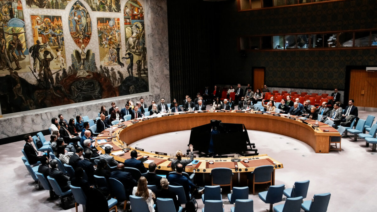 Members of the United Nations Security Council vote in favor of a sanctions resolution regarding the situation in Iran and the Middle East at U.N. headquarters in New York City, U.S., March 12, 2026. REUTERS/Eduardo Munoz