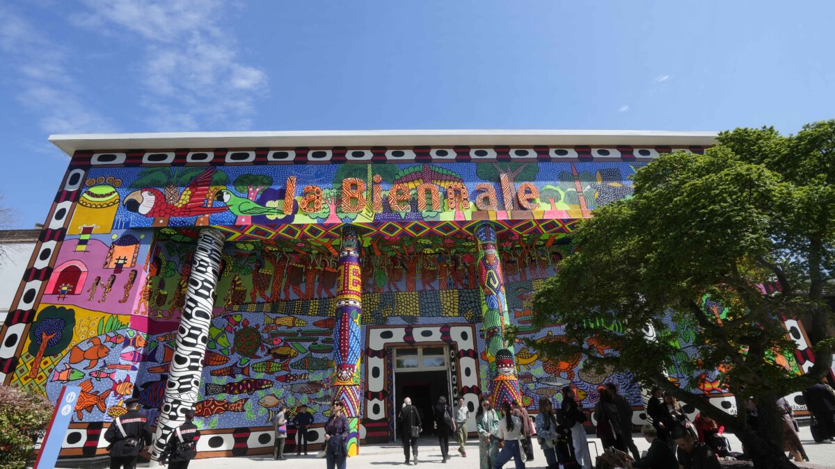 The main pavilion entrance during the media open day of the of the 60th Biennale of Arts exhibition in Venice, Italy, Tuesday, April 16, 2024. (AP Photo/Luca Bruno)