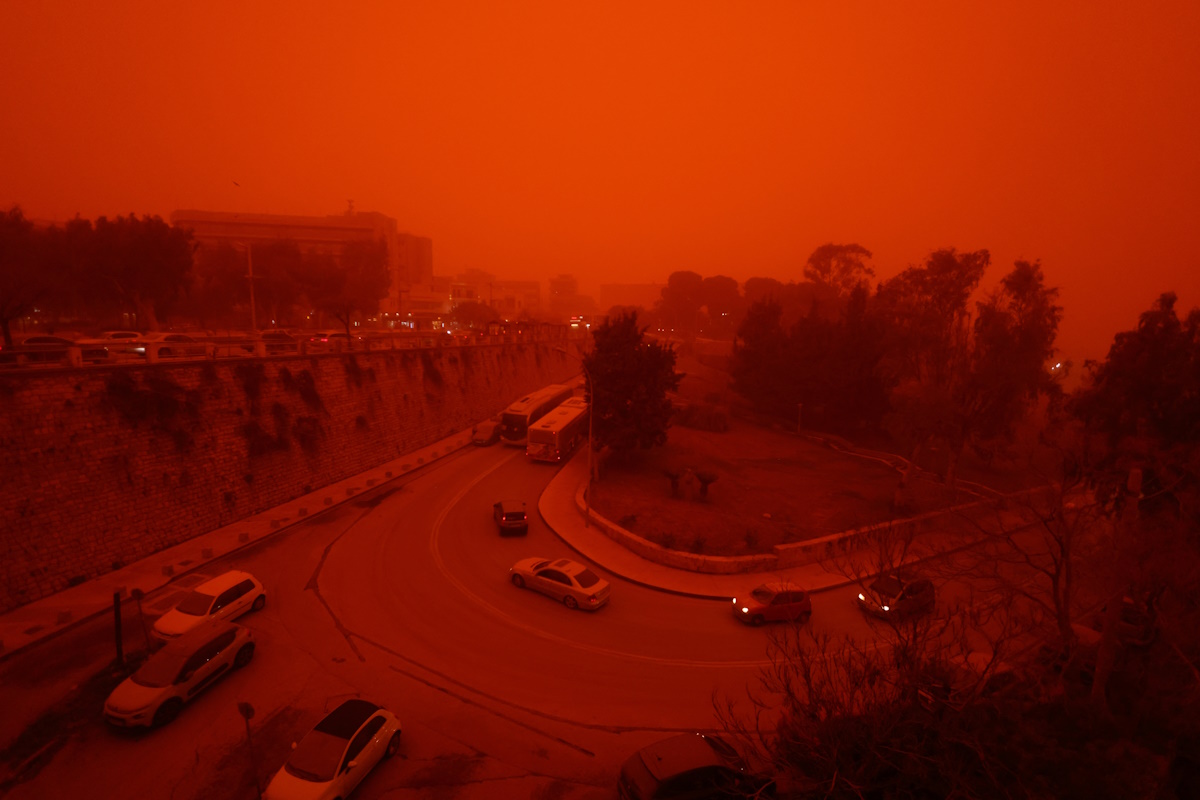 A view of the city amid a haze caused by sand dust from the Sahara, due to strong southern winds, in Heraklion, Crete island, April 1, 2026.REUTERS