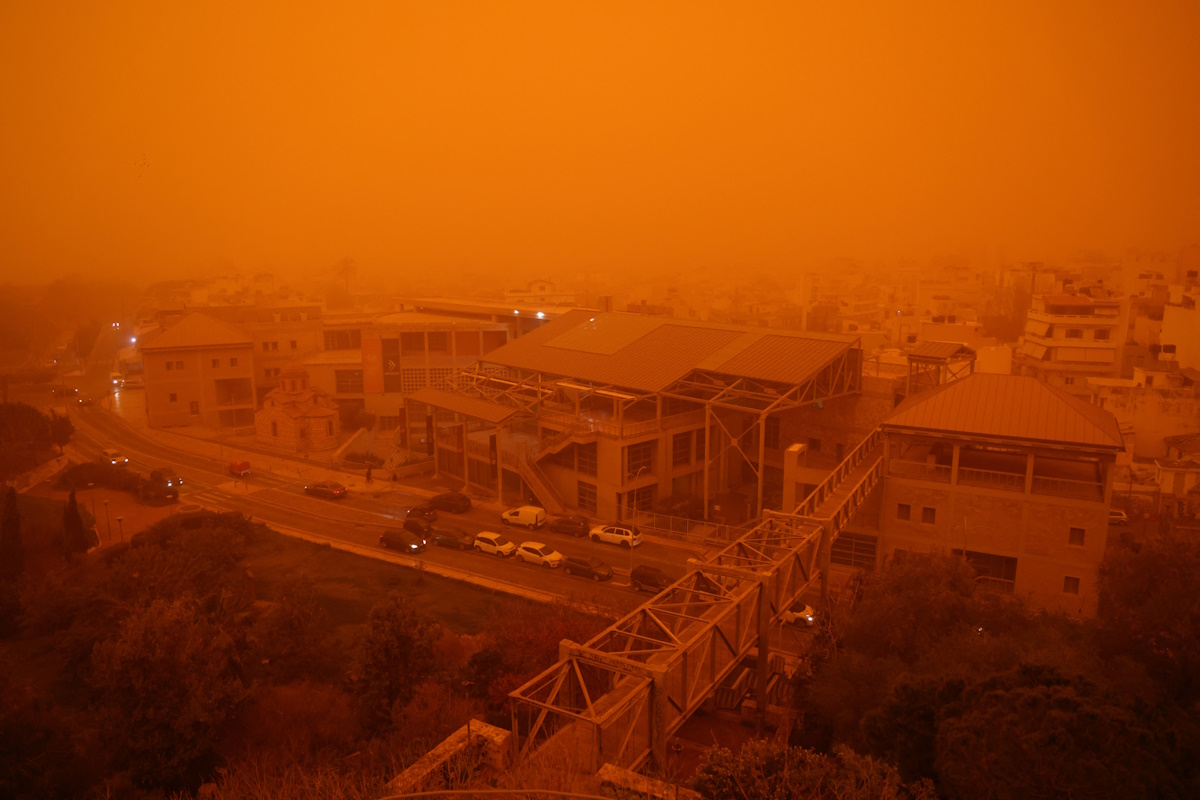 A view of the city amid a haze caused by sand dust from the Sahara, due to strong southern winds, in Heraklion, Crete island, April 1, 2026. REUTERS