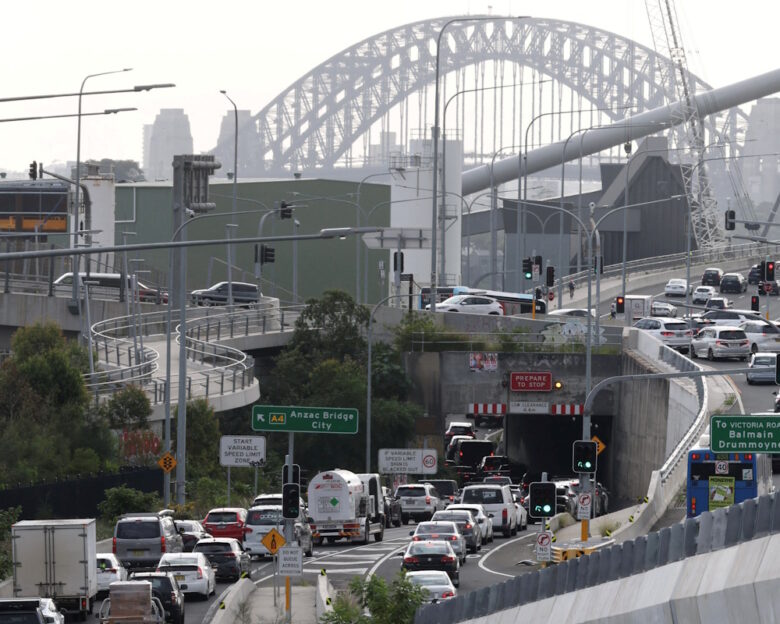 FILE PHOTO: Cars queue to cross Anzac Bridge during peak hour in Sydney, Australia, March 30, 2026. REUTERS/Hollie Adams/File Photo