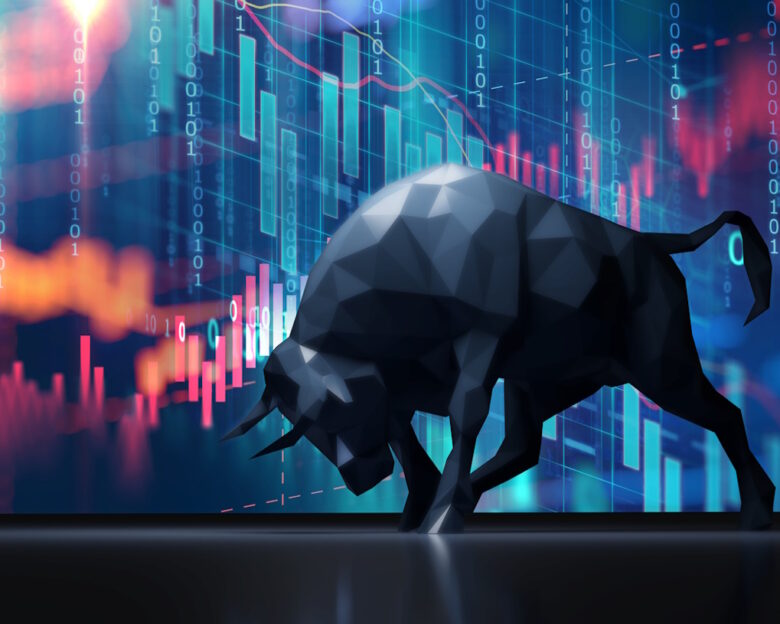 silhouette form of bull on financial stock market graph represent stock market rising or uptrend investment 3d illustration