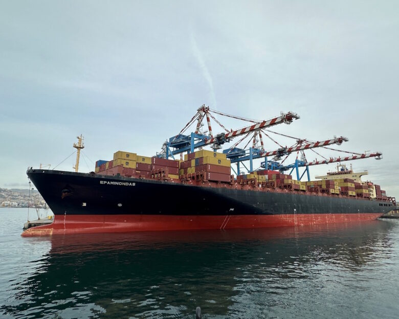 FILE PHOTO: The Epaminondas container ship, in Naples, Italy March 12, 2025, in this picture obtained by Reuters on April 22, 2026. Picture taken with a mobile phone. Giovanni Costigliola/via REUTERS THIS IMAGE HAS BEEN SUPPLIED BY A THIRD PARTY. MANDATORY CREDIT. NO RESALES. NO ARCHIVES./File Photo VERIFICATION: Reuters verified the location and the date when the photos were taken from the metadata on the original image files.