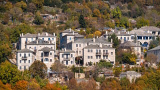 Panoramic view of Monodendrion tourist village in the mountains of Epirus in Greece