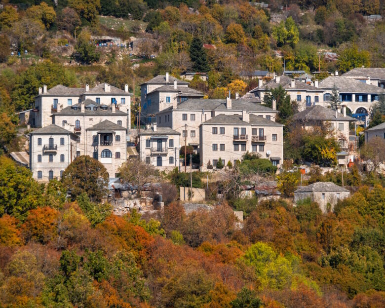 Panoramic view of Monodendrion tourist village in the mountains of Epirus in Greece