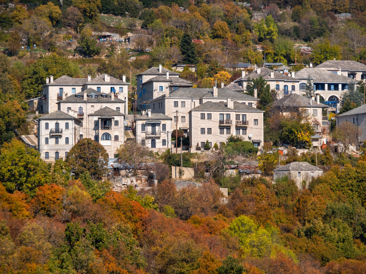 Panoramic view of Monodendrion tourist village in the mountains of Epirus in Greece