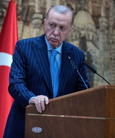 Turkey's President Recep Tayyip Erdogan listens as Somalia's President Hassan Sheikh Mohamud speaks during a joint news conference in Istanbul, Turkey, Tuesday, Dec. 30, 2025. (