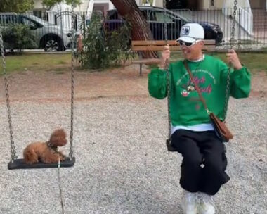 Ο Λάκης Γαβαλάς με το σκυλάκι του σε παιδική χαρά