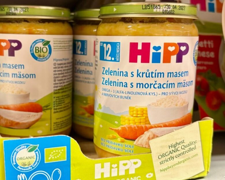 A view of HIPP baby food on a shelf, in Ceske Budejovice, Czech Republic, Sunday, April 19, 2026. (AP Photo/Stanislav Hodina)