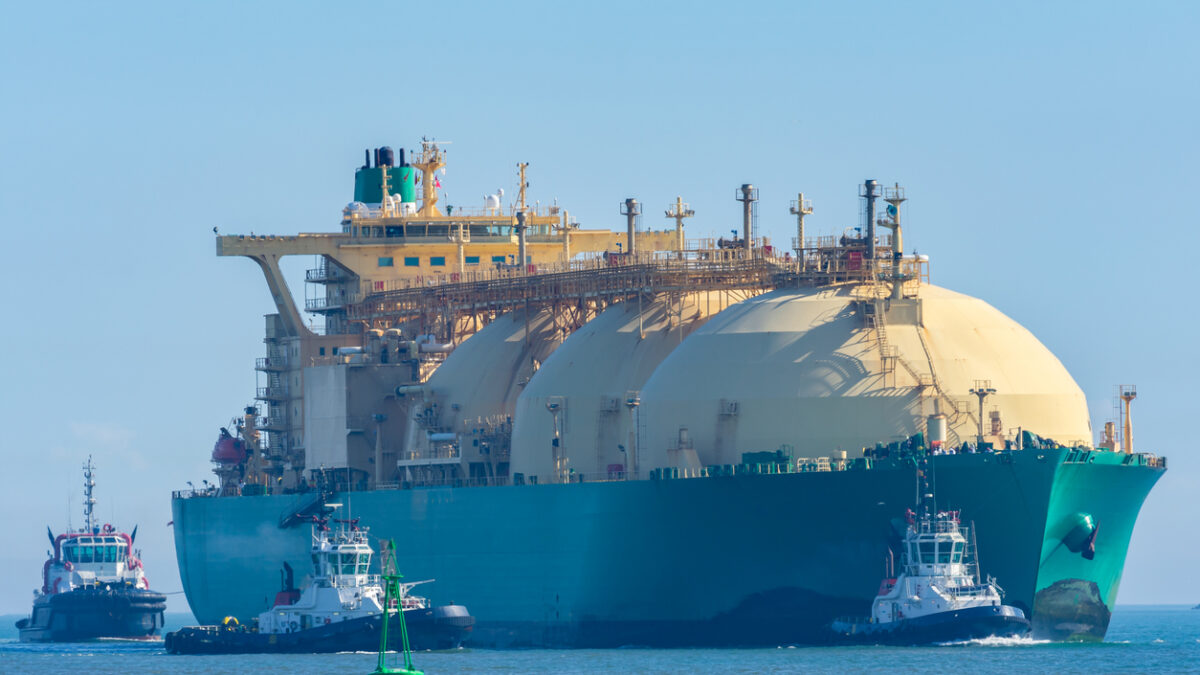 Merchant ship for gas transportation entering port