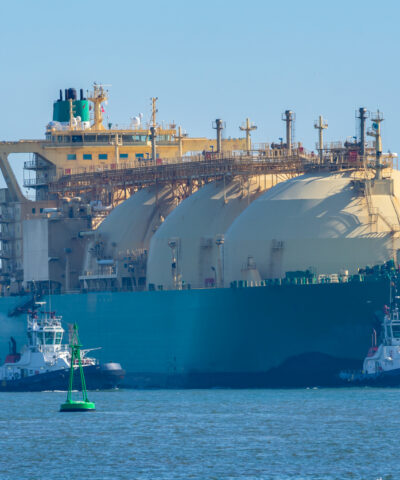 Merchant ship for gas transportation entering port