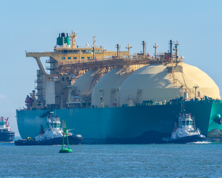 Merchant ship for gas transportation entering port