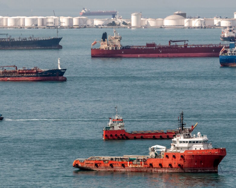 Oil tank farm and ships off the coast of Singapore