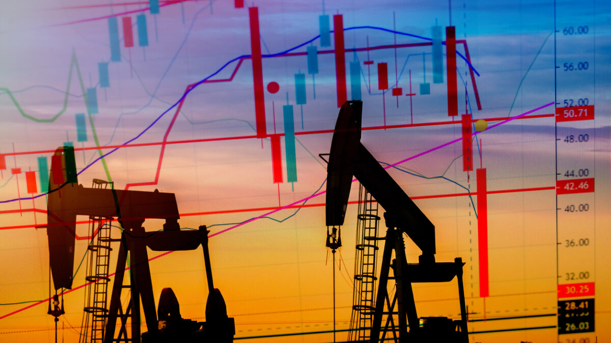 Explicit Illustration depicting the historic fall in the price of oil with an oil well in silhouette in the background