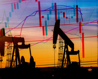 Explicit Illustration depicting the historic fall in the price of oil with an oil well in silhouette in the background