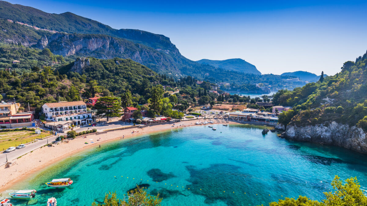 Corfu, Greece. Picturesque village of Paleokastritsa and its beach.