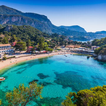 Corfu, Greece. Picturesque village of Paleokastritsa and its beach.