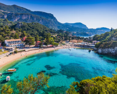 Corfu, Greece. Picturesque village of Paleokastritsa and its beach.