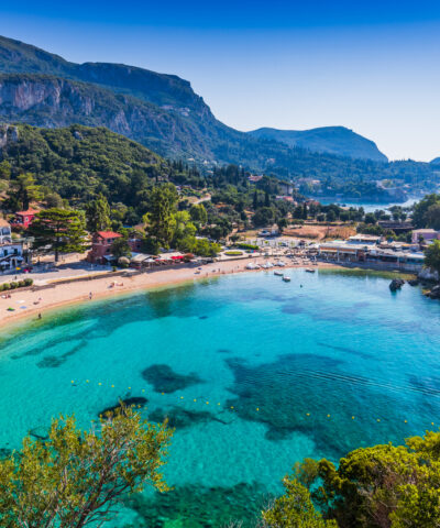 Corfu, Greece. Picturesque village of Paleokastritsa and its beach.