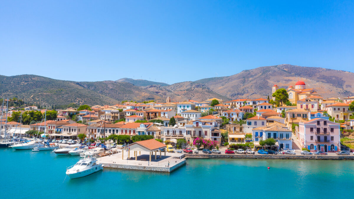 Scenic aerial view of Galaxidi village with colorful buildings, Greece