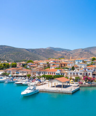 Scenic aerial view of Galaxidi village with colorful buildings, Greece