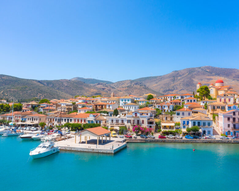Scenic aerial view of Galaxidi village with colorful buildings, Greece