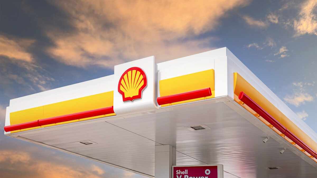 Shell gas station in sunny day. Shell V-power fuel station. Royal Dutch Shell is an Anglo-Dutch multinational oil and gas company