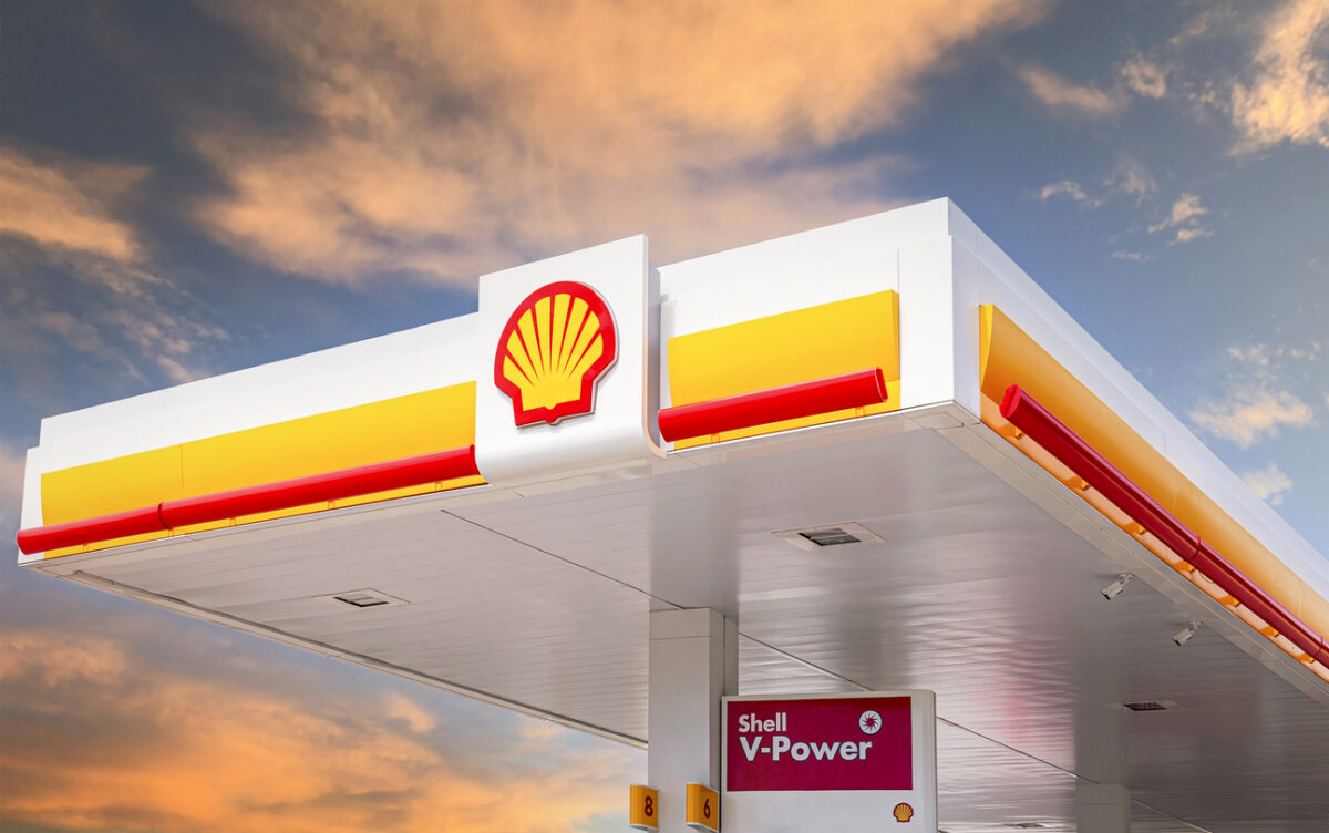Shell gas station in sunny day. Shell V-power fuel station. Royal Dutch Shell is an Anglo-Dutch multinational oil and gas company