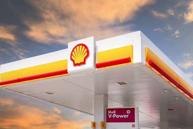 Shell gas station in sunny day. Shell V-power fuel station. Royal Dutch Shell is an Anglo-Dutch multinational oil and gas company