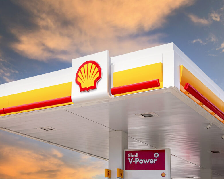 Shell gas station in sunny day. Shell V-power fuel station. Royal Dutch Shell is an Anglo-Dutch multinational oil and gas company