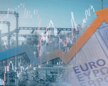 Stock chart with rising up arrow and blurred power station at background. Energy crisis in Europe. Price increase of electricity for home heating and industry