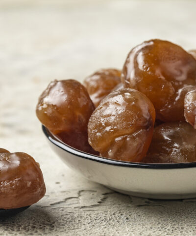 Chestnut candied sugar syrup and glazed or marron glacé, confection, originating in northern Italy and southern France. Close up.