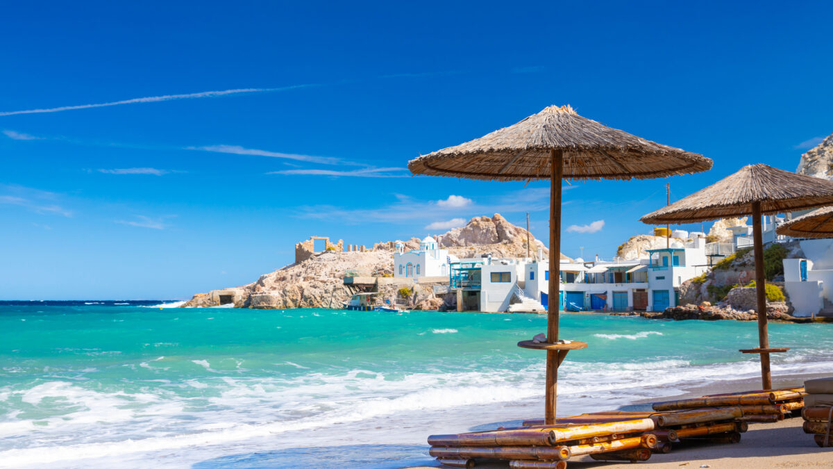 Beach and fishing village of Firapotamos on Milos island, Greece. High quality photo