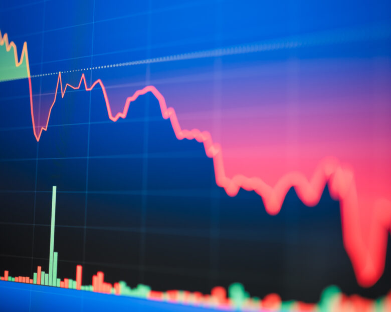 Economic 2024 stock exchange market index showing stock chart down and in red negative territory