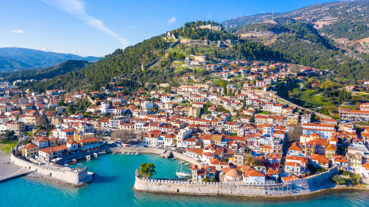 View of of Nafpaktos, Lepanto with the fortress, Greece.