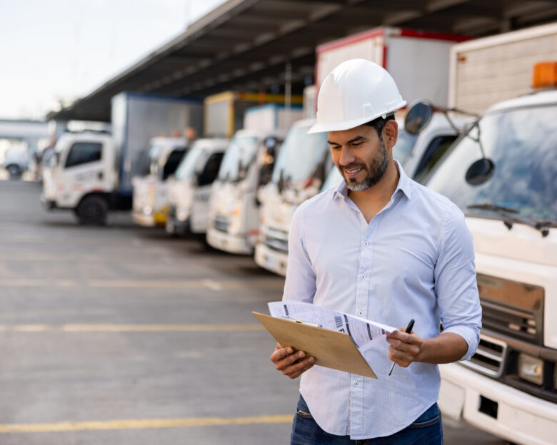 Happy Latin American woman working as a supervisor at a distribution warehouse and looking at documents on a clipboard