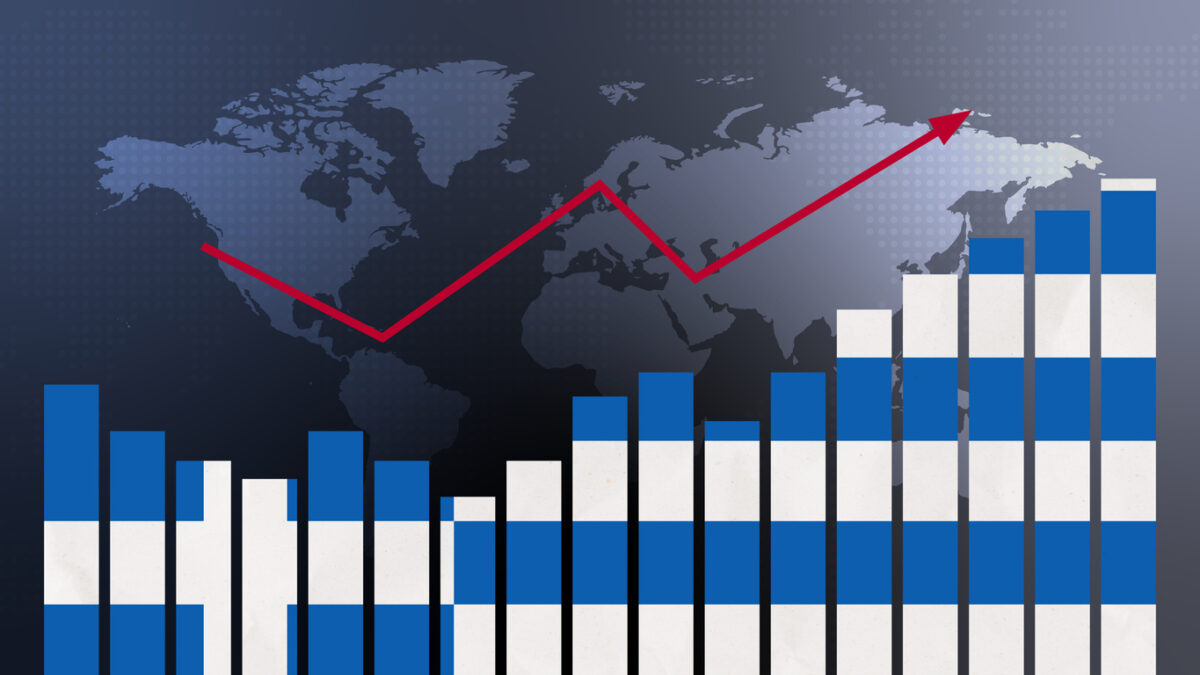 Greece bar chart graph with ups and downs, increasing values, concept of economic recovery and business improving, businesses reopen, politics conflicts, war concept with flag