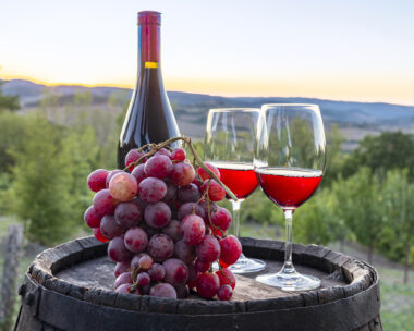 Tasting of rosé wine in the vineyard, with glasses and bottle on a barrel