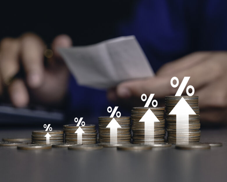 inflation Increased product sales growth basket growth, market or consumer price index concept shopping cart with food increase with arrow graph on the coin inflation VAT