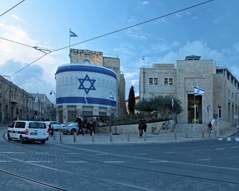 Jerusalem, The picture shows two policemen on horseback on the street in Jerusalem, near the Jerusalem Municipality.