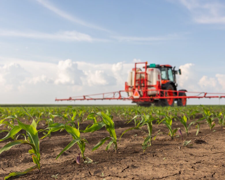 Tractor spraying pesticides on corn field with sprayer at spring