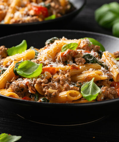 Πένες με κρέας και βασιλικό