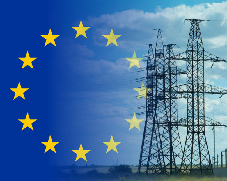 European union flag and electricity pylon mixed image. Expensive electricity concept. High costs for energy.