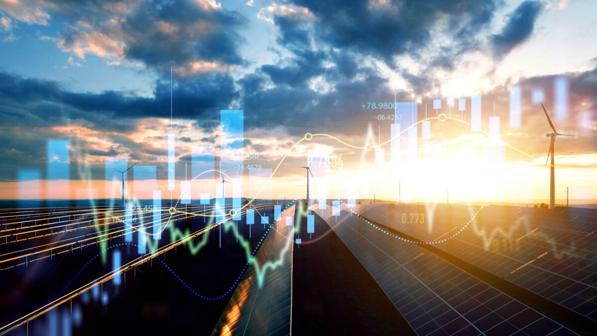 Increase or rising in electricity prices on the world market. Photovoltaic power station with double exposure of digital financial chart graphs and stock market.Green energy in full development.
