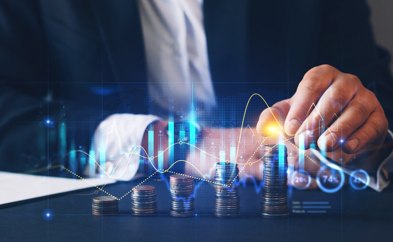 Financial investment and success market stock technology currency report.Money business financial graph diagram of coin. Financial growth data or investment market profit bar