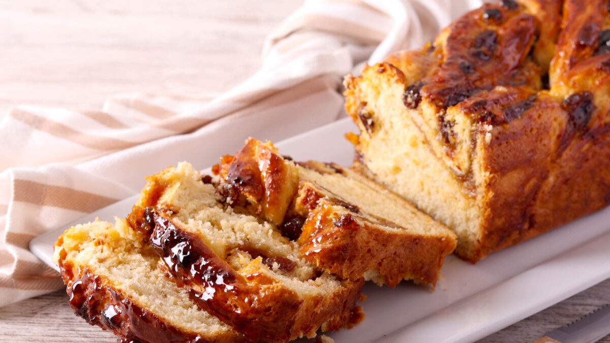 Fruit and nut babka bread, sliced