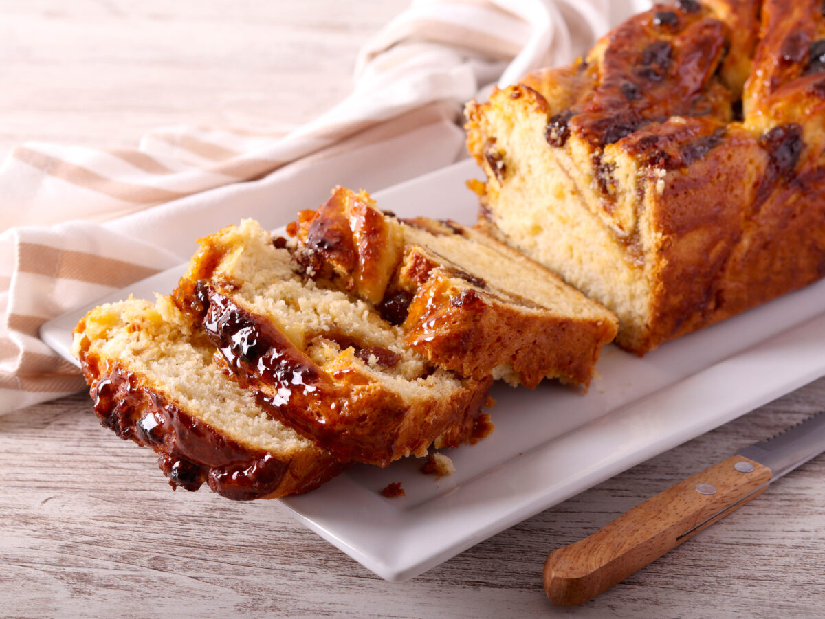 Fruit and nut babka bread, sliced